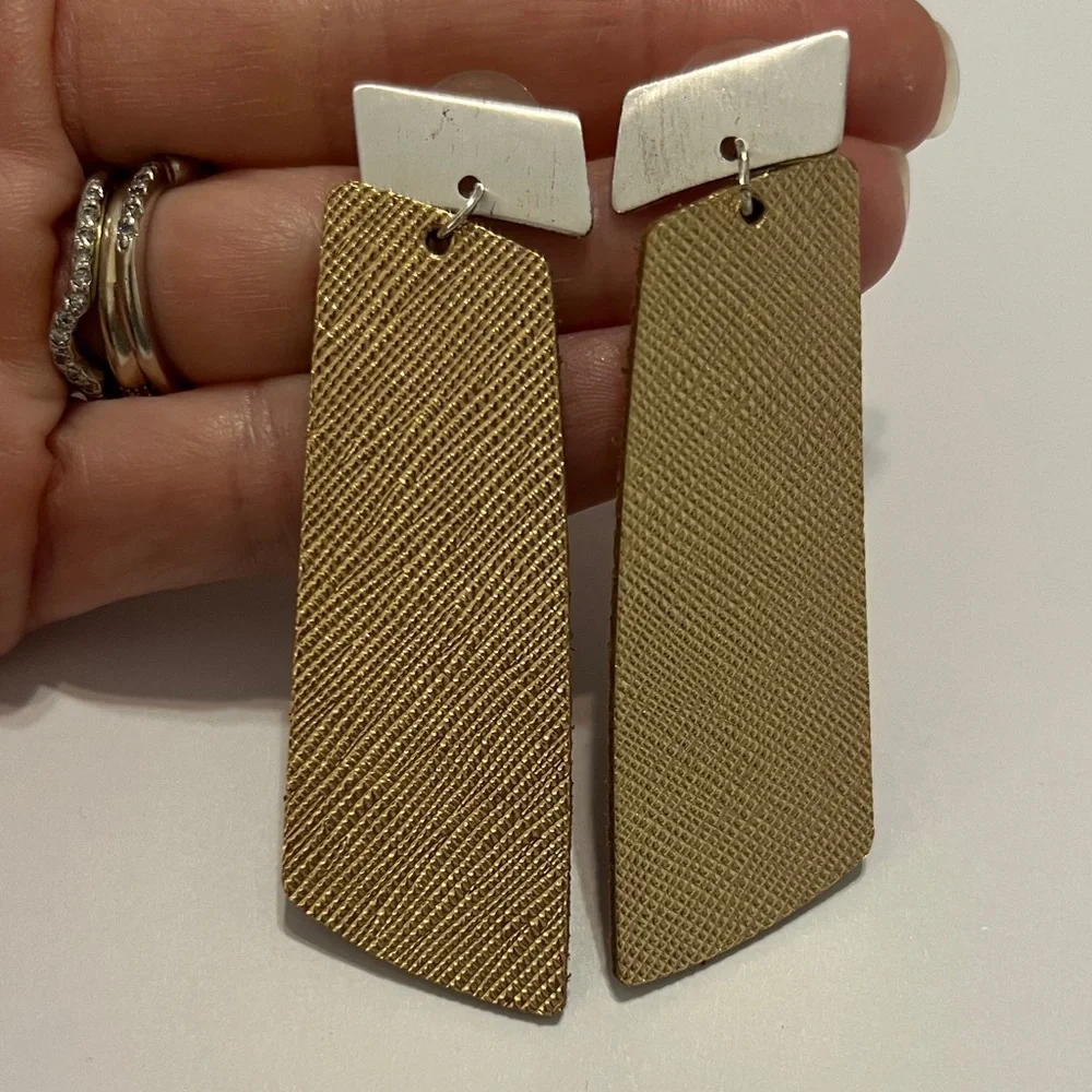 Silver Post with Gold Textured Dangle Lightweight Leather Earrings